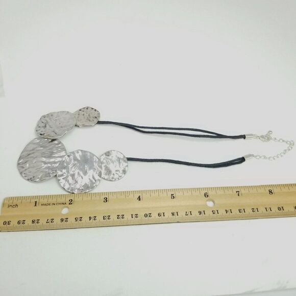 Vintage Chunky Silver Tone Disc Collar Necklace, Statement, Black Cord Setting - Picture 4 of 6